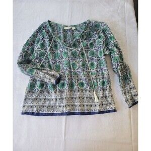 Cynthia Rowley Top Womens Large Blue Green Floral Tassel Boho Peasant